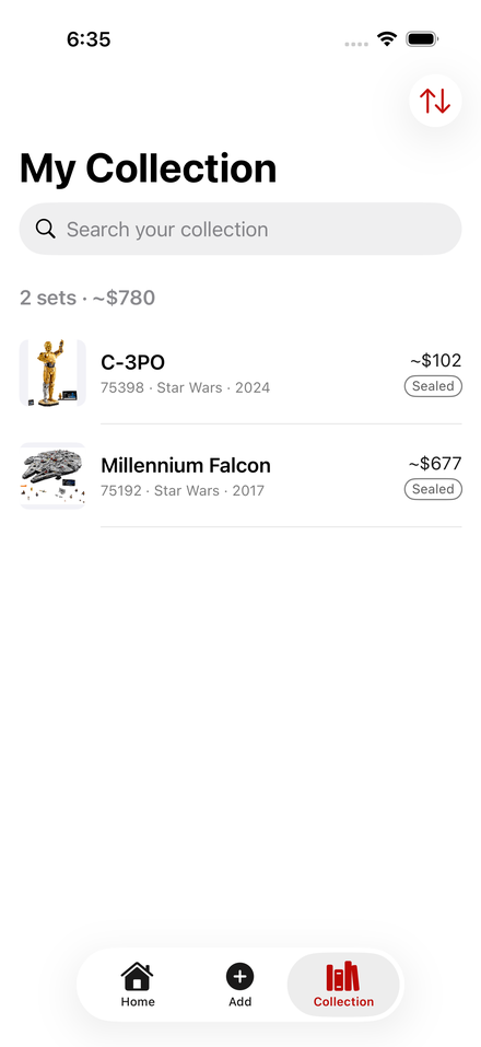 Brickanize collection list showing sets with theme, year, value, and condition
